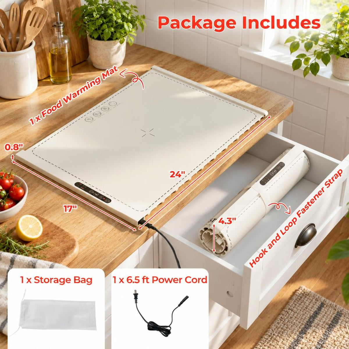 Airfind Food Warming Mat Rollable and Portable Electric Warming Tray with Fasting Heating, Silicone ABS Unfolding Frame, Beige