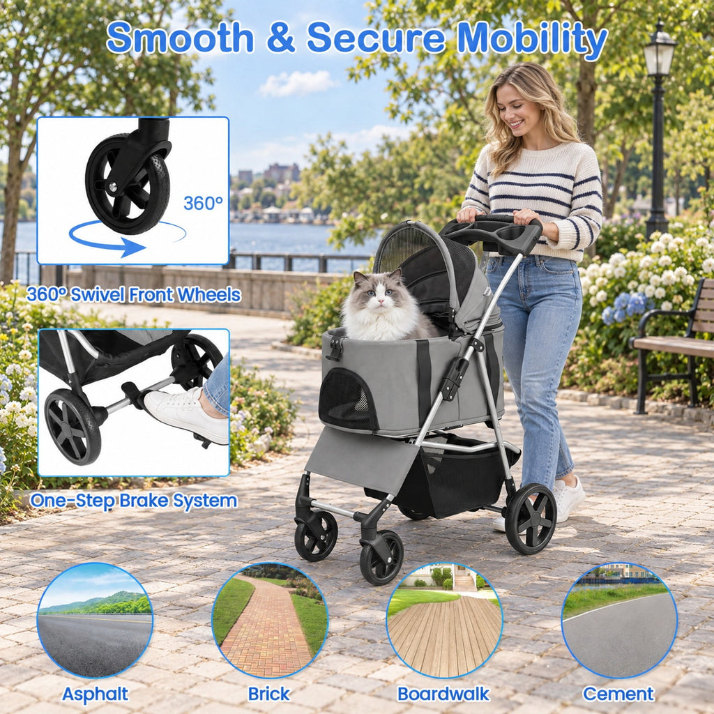 Airfind 3-in-1 Pet Stroller for Small Medium Dogs Foldable with Detachable Carrier, 26.5 lbs Capacity, 18.5in x 28.5in x 39.5in Footprint, Grey