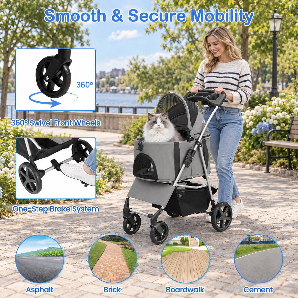 Airfind 3-in-1 Pet Stroller for Small Medium Dogs Foldable with Detachable Carrier, 26.5 lbs Capacity, 18.5in x 28.5in x 39.5in Footprint, Grey