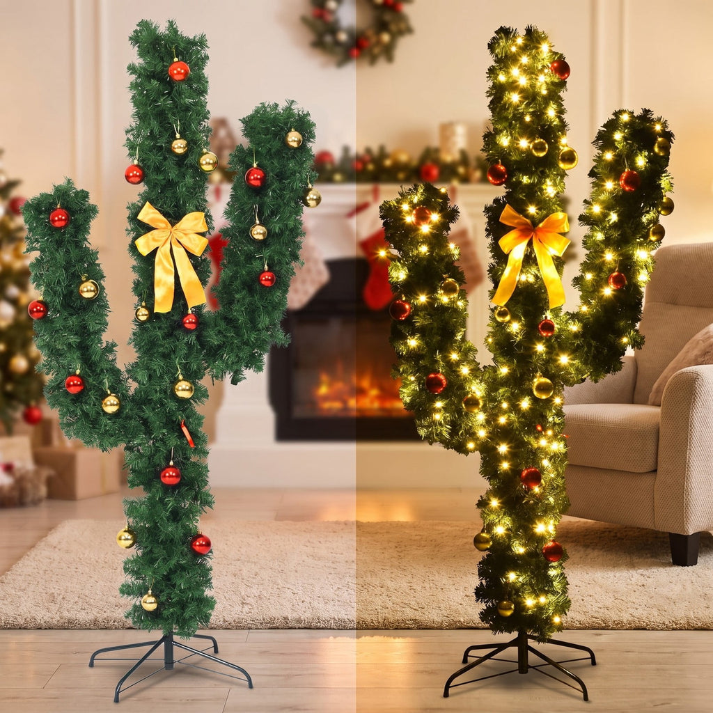 Airfind 6 Feet Artificial Cactus PVC Christmas Tree with LED Lights and Ball Ornaments-6 ft, PVC Metal Frame, Green
