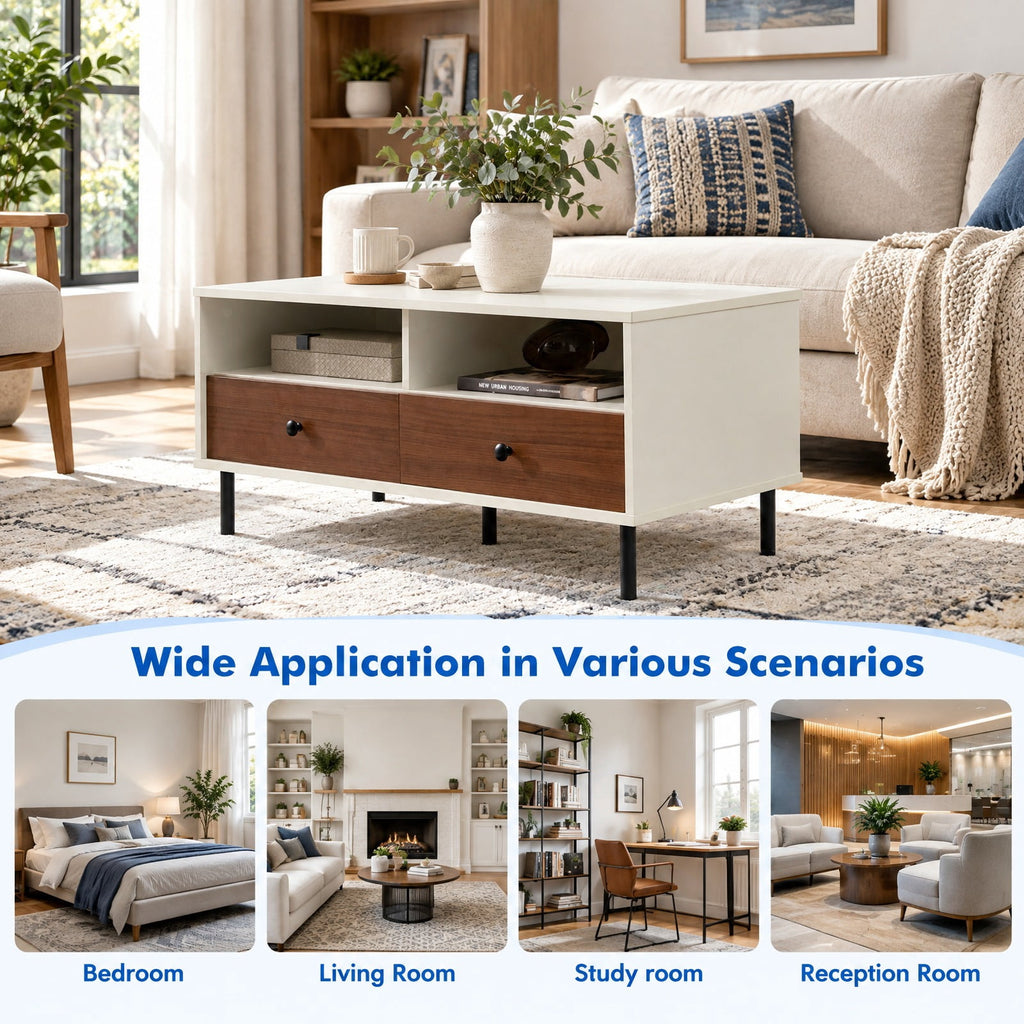 Airfind 2 Tier 40 Inch Length Modern Rectangle Coffee Table with Storage Shelf and Drawers, 200 lbs Capacity, Engineered Wood MDF Frame, White