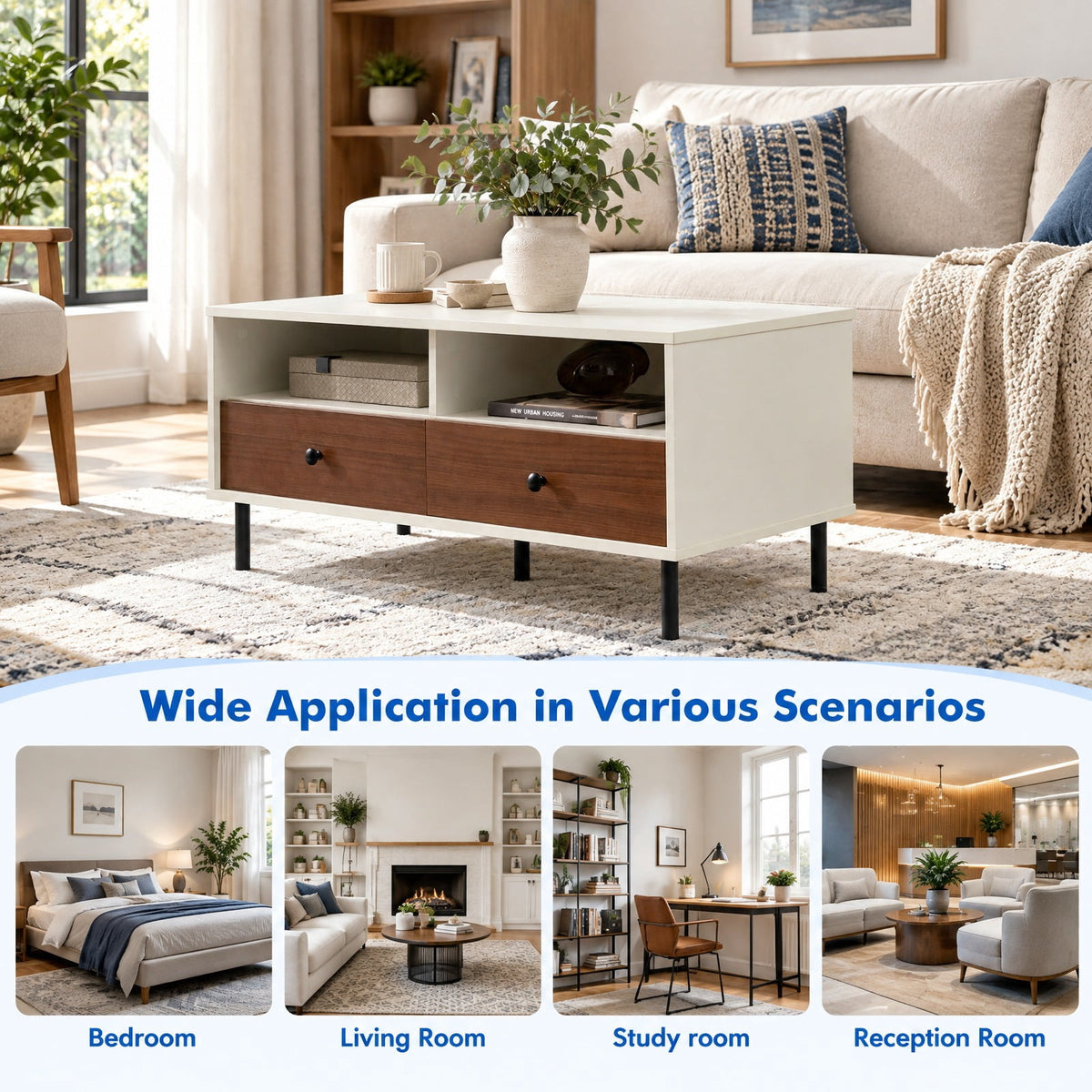 Airfind 2 Tier 40 Inch Length Modern Rectangle Coffee Table with Storage Shelf and Drawers, 200 lbs Capacity, Engineered Wood MDF Frame, White