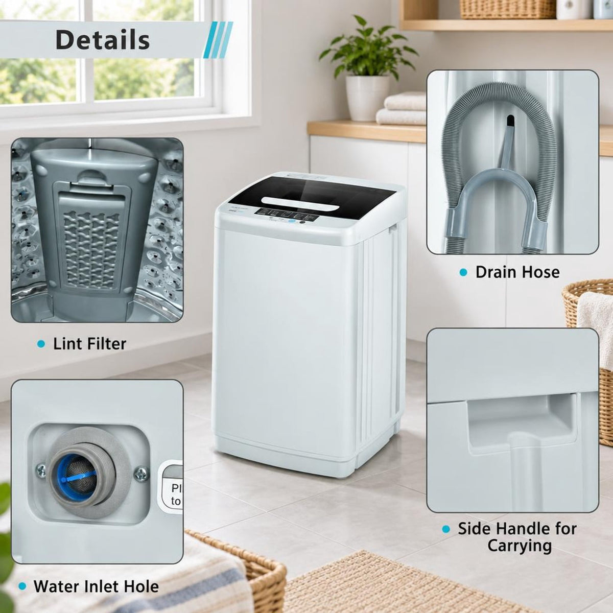 Airfind 8.8 lbs Portable Full-Automatic Laundry Washing Machine with Drain Pump, PP Stainless Steel Frame, 18 Footprint, Grey