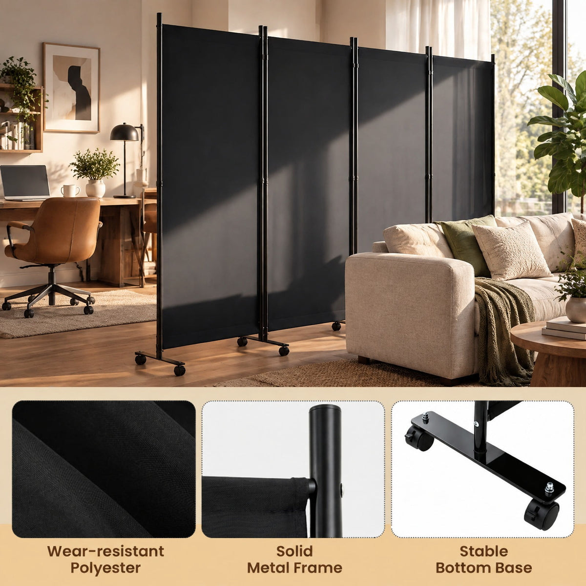 Airfind 4 Panel Folding Privacy Screen Room Divider with Wheels, Polyester Fabric Metal PP Frame, 137 x 12 x 71.5 Footprint, Black