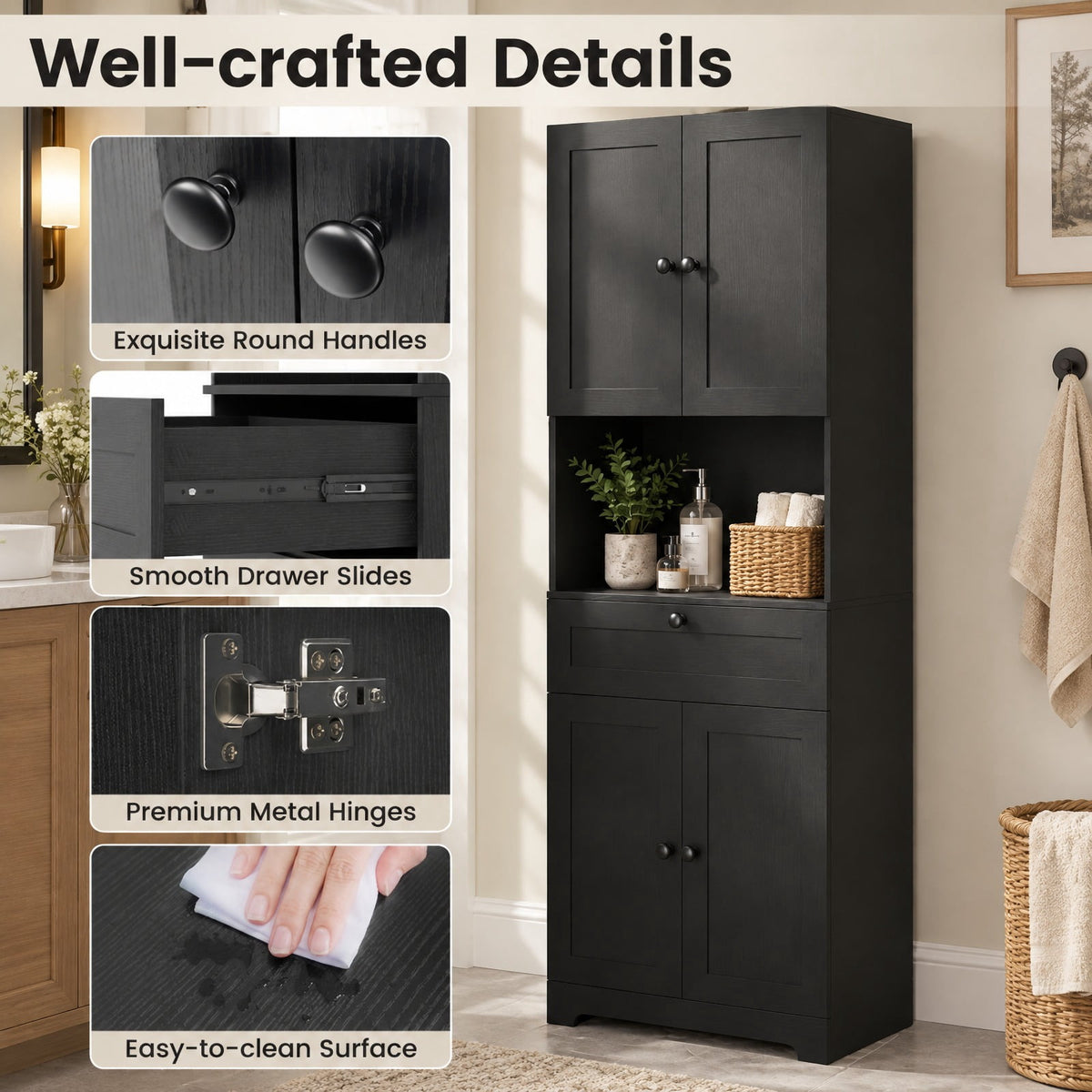 Airfind 67.5 Inch Tall Modern Freestanding Floor Storage Cabinet with 4 Doors and 1 Drawer, 243 lbs Capacity, MDF Engineered Wood Frame, Black