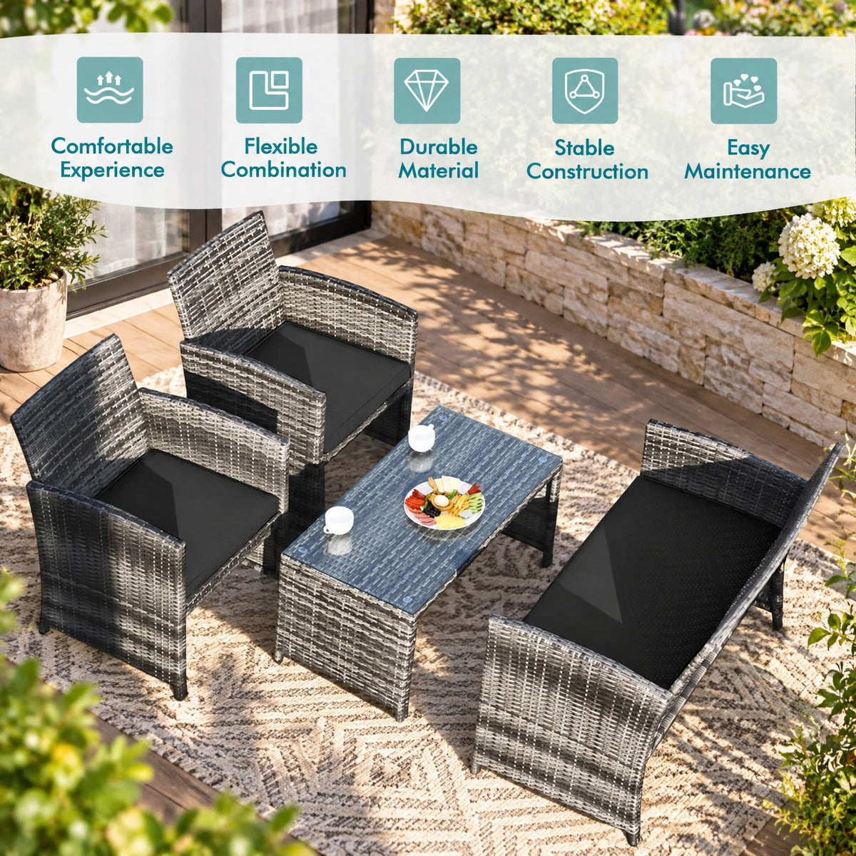 Airfind 4 Pieces Patio Rattan Furniture Set with Glass Table and Loveseat, PE Rattan Polyester Fiber Steel Sponge Single Sofa Frame, Black