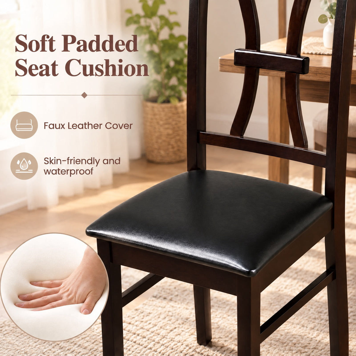 Airfind Wooden Dining Chairs Set of 2 with Faux Leather Padded Seat for Kitchen, 400 lbs Capacity, Rubber Wood Frame, Brown