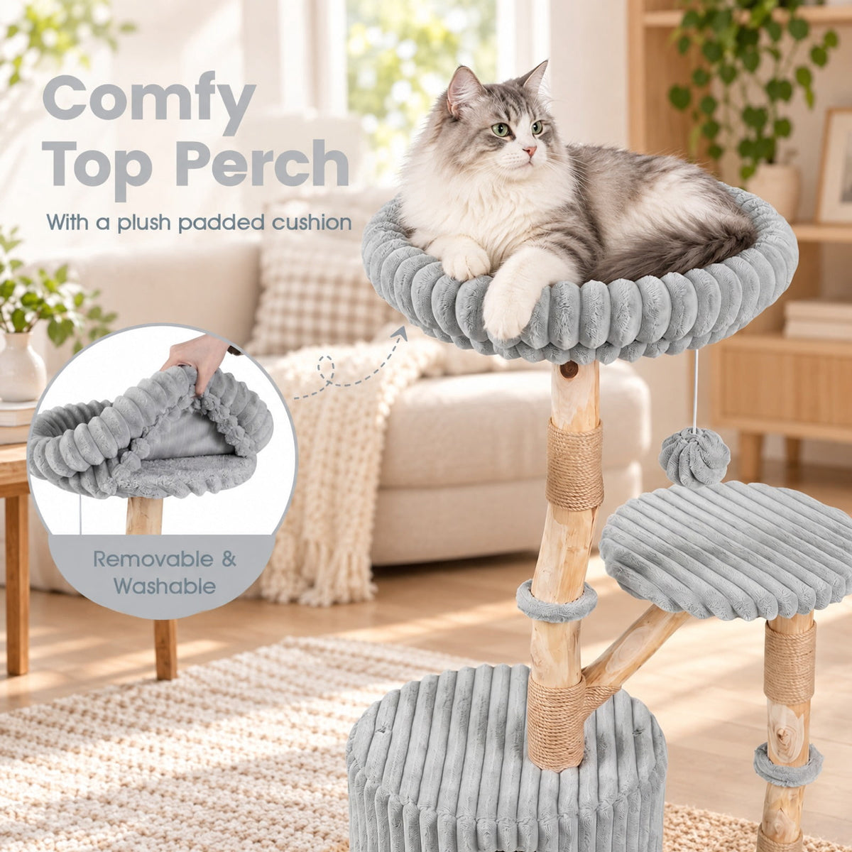 Airfind Solid Wood Cat Tree 41 Inch with Real Branches Scratching Posts and Cozy Bed, 22 lbs Capacity, Pear Wood Frame, 22 x 16 x 41 Footprint