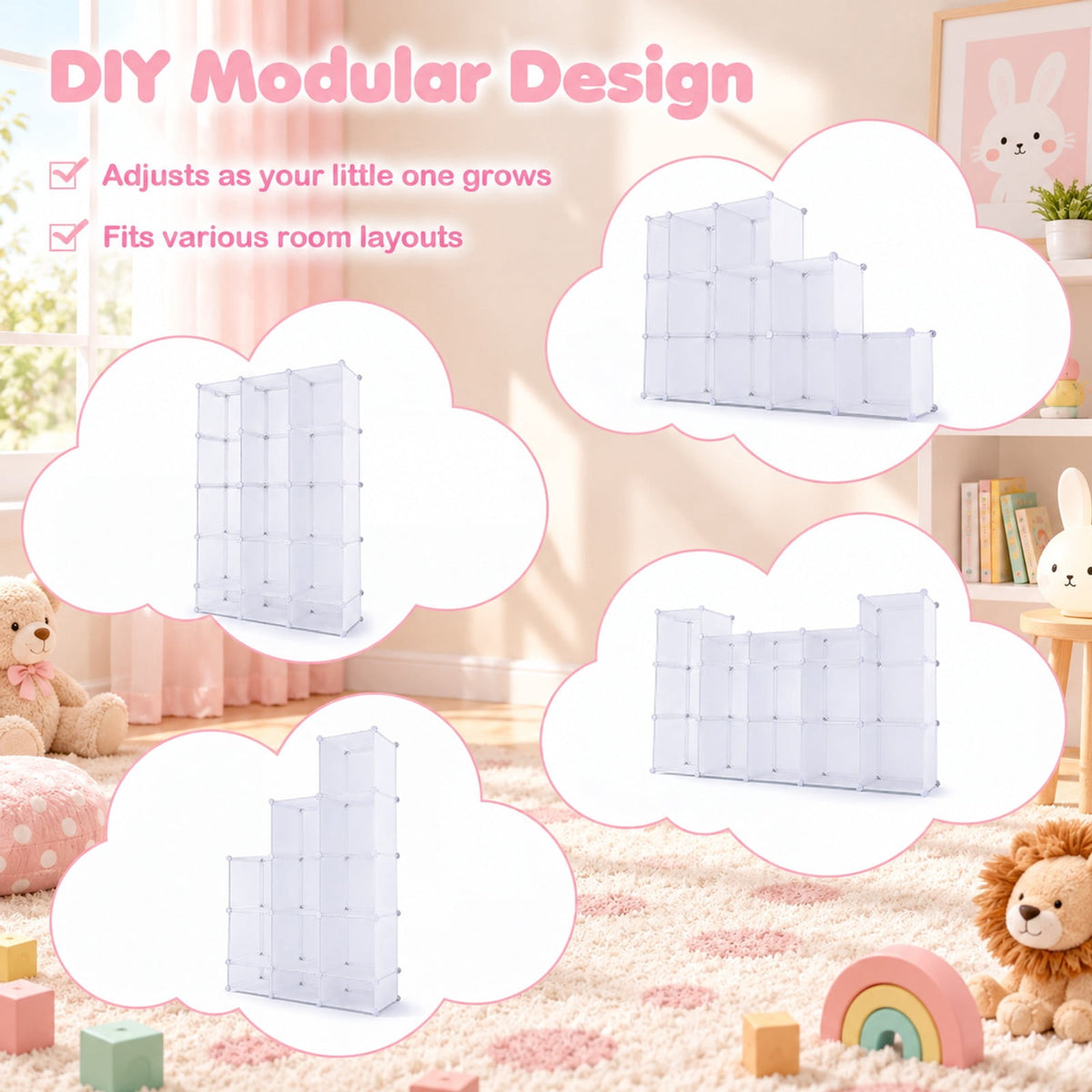 Airfind Modular Baby Wardrobe with 13 Cubes and Hanging Rod and Shelves Stackable, 6.5 lbs Capacity, PP Frame, 43 x 14 x 63 Footprint, White