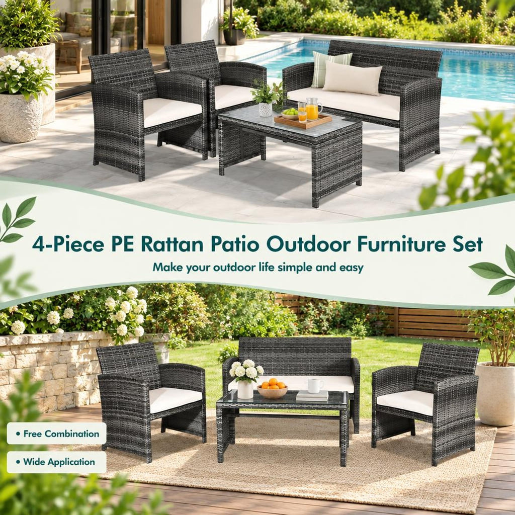 Airfind 4 Pcs Patio Rattan Furniture Set Top Sofa With Glass Table, PE Rattan Polyester Fiber Steel Sponge Single Sofa Frame, White