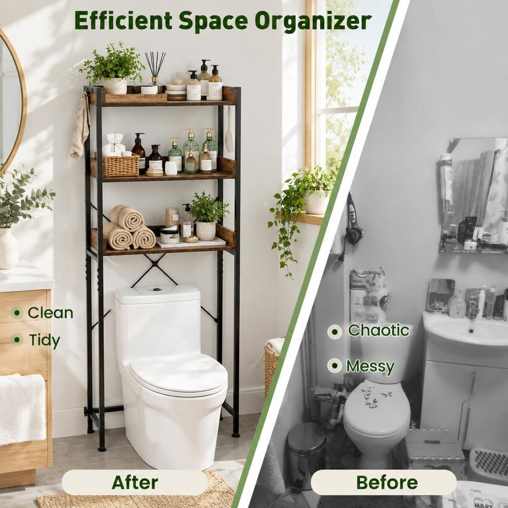 Airfind Over The Toilet Storage Rack with Hooks and Adjustable Bottom Bar, Metal Engineered Wood Frame, Grey