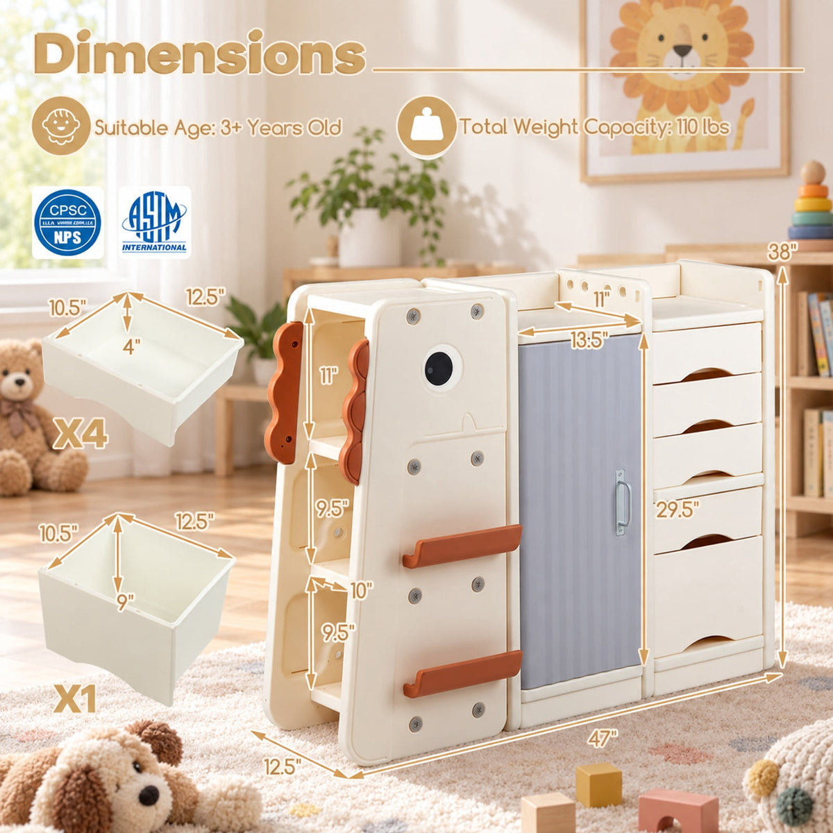 Airfind Kids Toy Storage Organizer with 5 Removable Bins for Playroom, 110 lbs Capacity, HDPE Frame, for 3+ Years Old Total, Beige