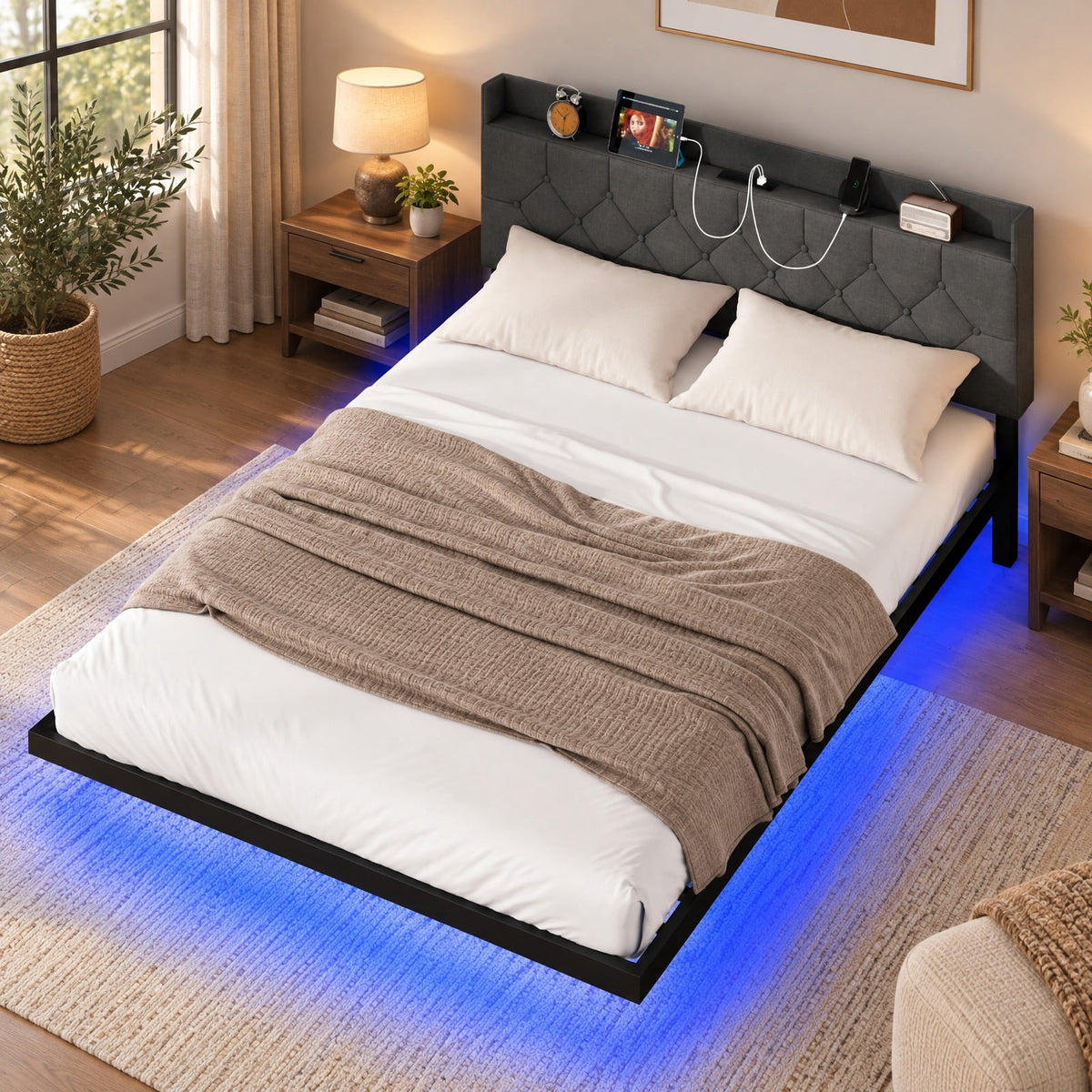 Airfind Full/Queen Size Floating Bed Frame with LED and Headboard and Charging Station, 660 lbs Capacity, 78.5 Inch x 55.5 Inch x 34 Inch Bed Platform Footprint