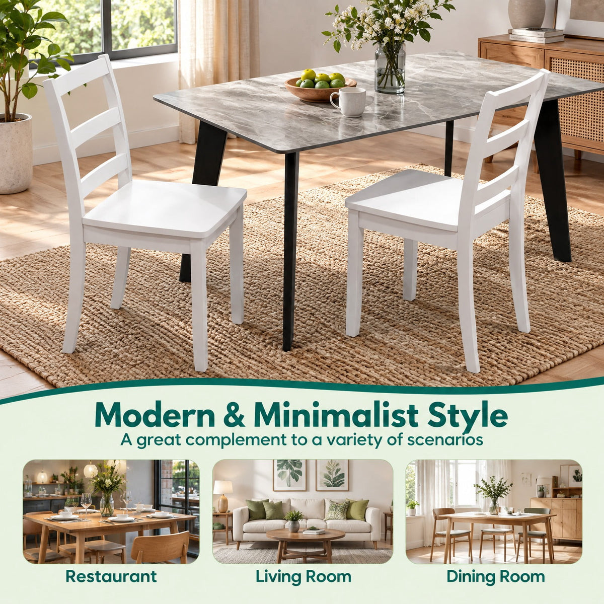 Airfind Set of 2 Wood Dining Chairs with Solid Rubber Wood Legs, 400 lbs Capacity, Rubber Wood MDF Plywood Frame, White