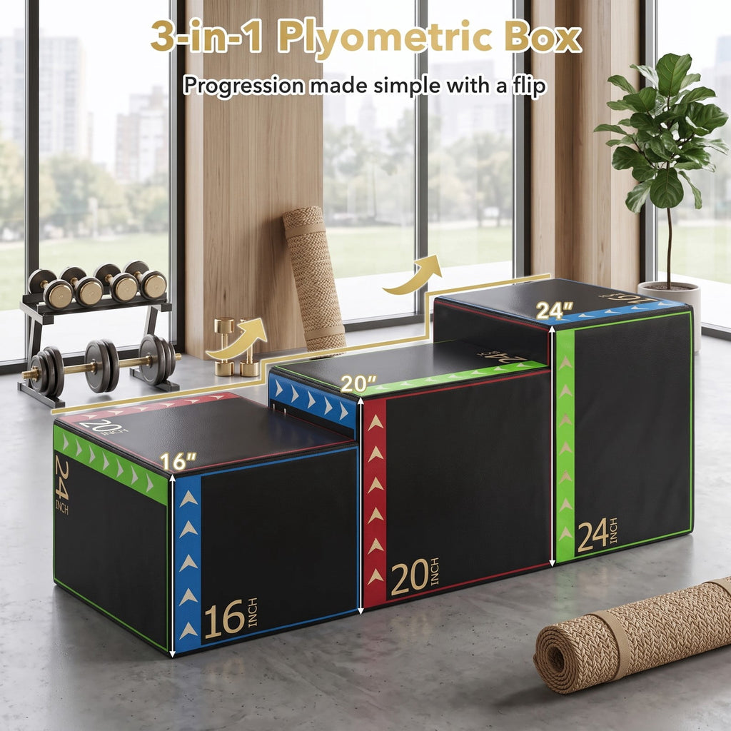 Airfind 3 in 1 Plyometric Box 16 x 20 x 24 Inch Soft Foam Plyo Jump Box for Home Gym Box Jumps and HIIT Training, Multicolor