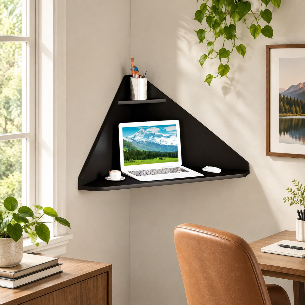 Airfind Floating Triangular Corner Computer Desk with Storage Shelf, Engineered Wood Frame, Black, Overall Dimensions 36.5 Inch x 31 Inch x 18 Inch Sid