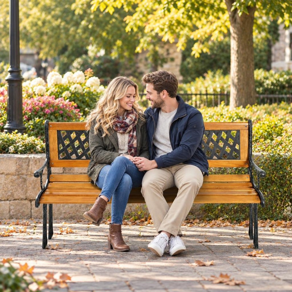 Airfind Outdoor Cast Iron Patio Bench, 463 lbs Capacity, Cast iron Frame, 49.5 x 20.5 x 29 Product weight: 30 lbs Footprint, Black + natural