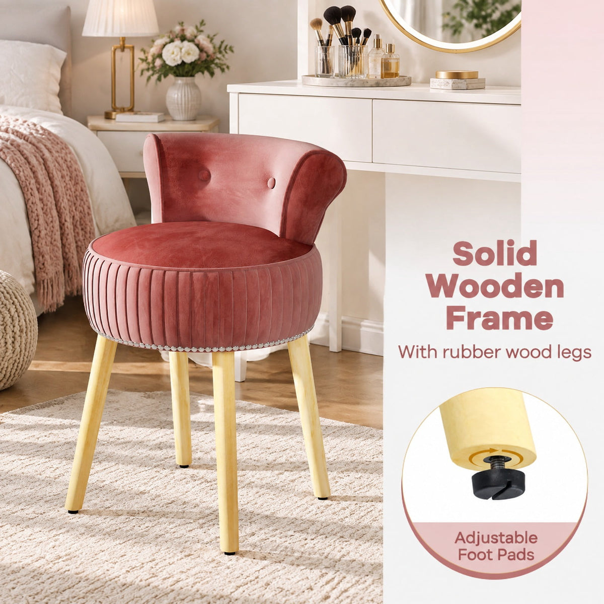 Airfind Velvet Vanity Chair with Back Upholstered Vanity Stool with Tufted Low Back and Solid Wood Legs, 234 lbs Capacity, Rubber Wood Frame, Pink