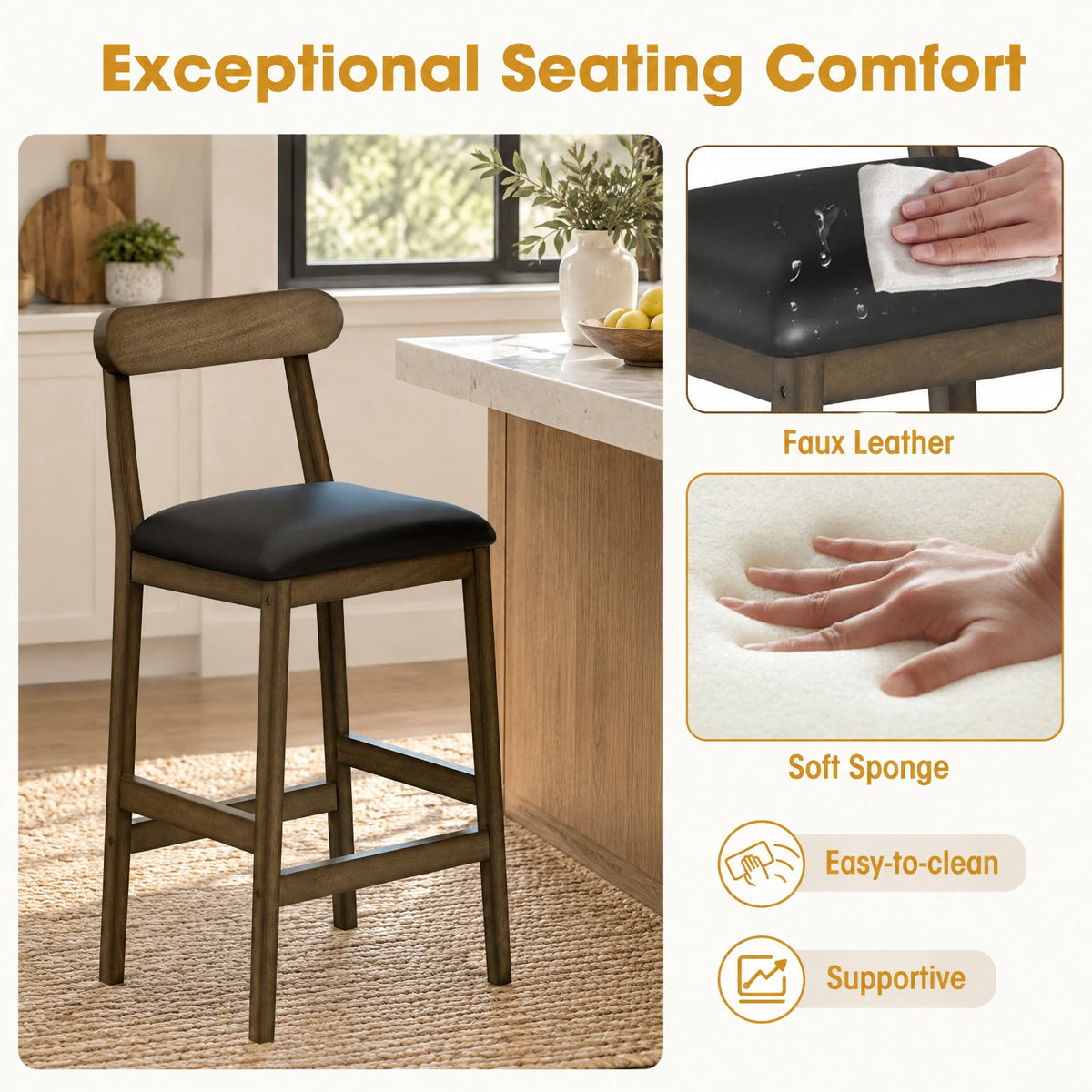 Airfind Set of 2 Bar Stools Upholstered with Rubber Wood Legs and Footrests, 330 lbs Capacity, Rubber Wood Sponge PVC Leather Frame, Wood
