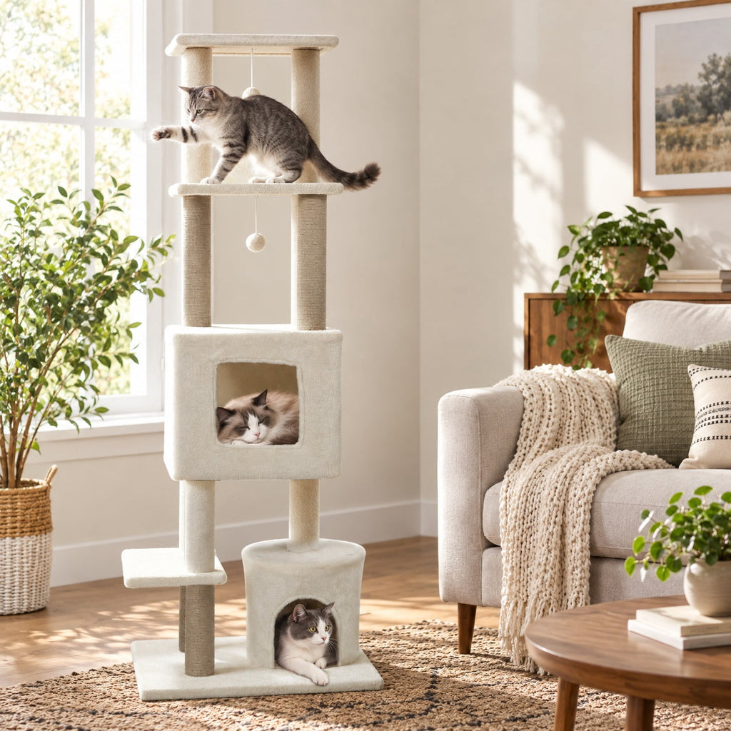 Airfind 64 Inch Tall Cat Tree with 2 Large Condos and Jute Scratching Posts for Indoor Adult Cats, 33 lbs Capacity, Beige