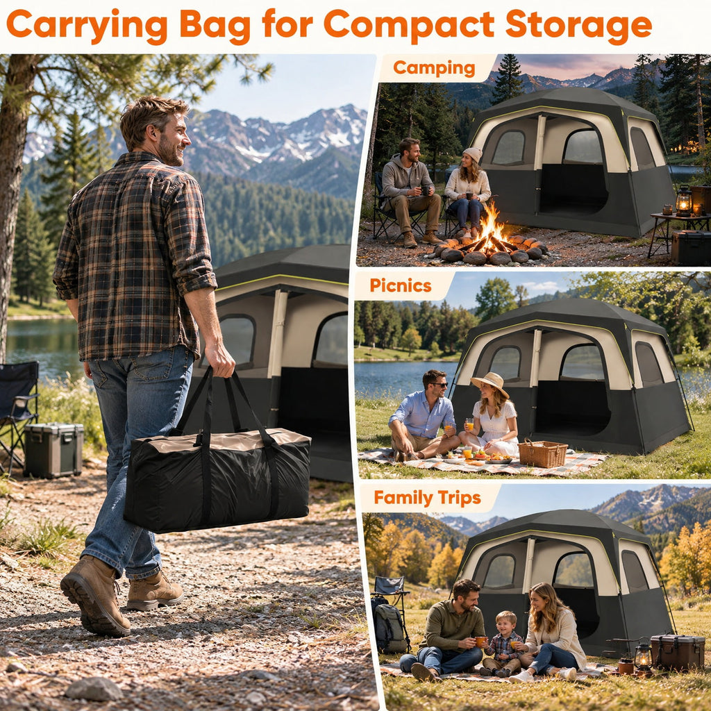 Airfind 6-Person Camping Tent Easy Setup Family Cabin Tent with Top Rainfly Mesh Windows, Fabric Fiberglass Metal Frame, 10 x 9 x 7 ft Footprint