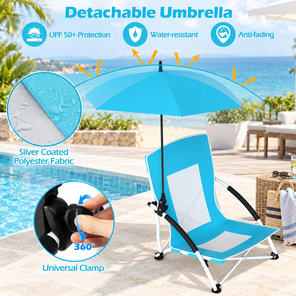 AIRFIND Beach Chair with Adjustable Clamp-On Umbrella, Folding Frame, Mesh Panels, Padded Armrests and Carry Bag, Blue