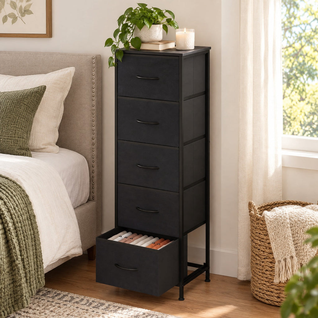 Airfind Dresser Nightstand with 5 Roomy Fabric Drawers for Bedroom, 130 lbs Capacity, Metal Engineered Wood Non-Woven Fabric Frame, Black