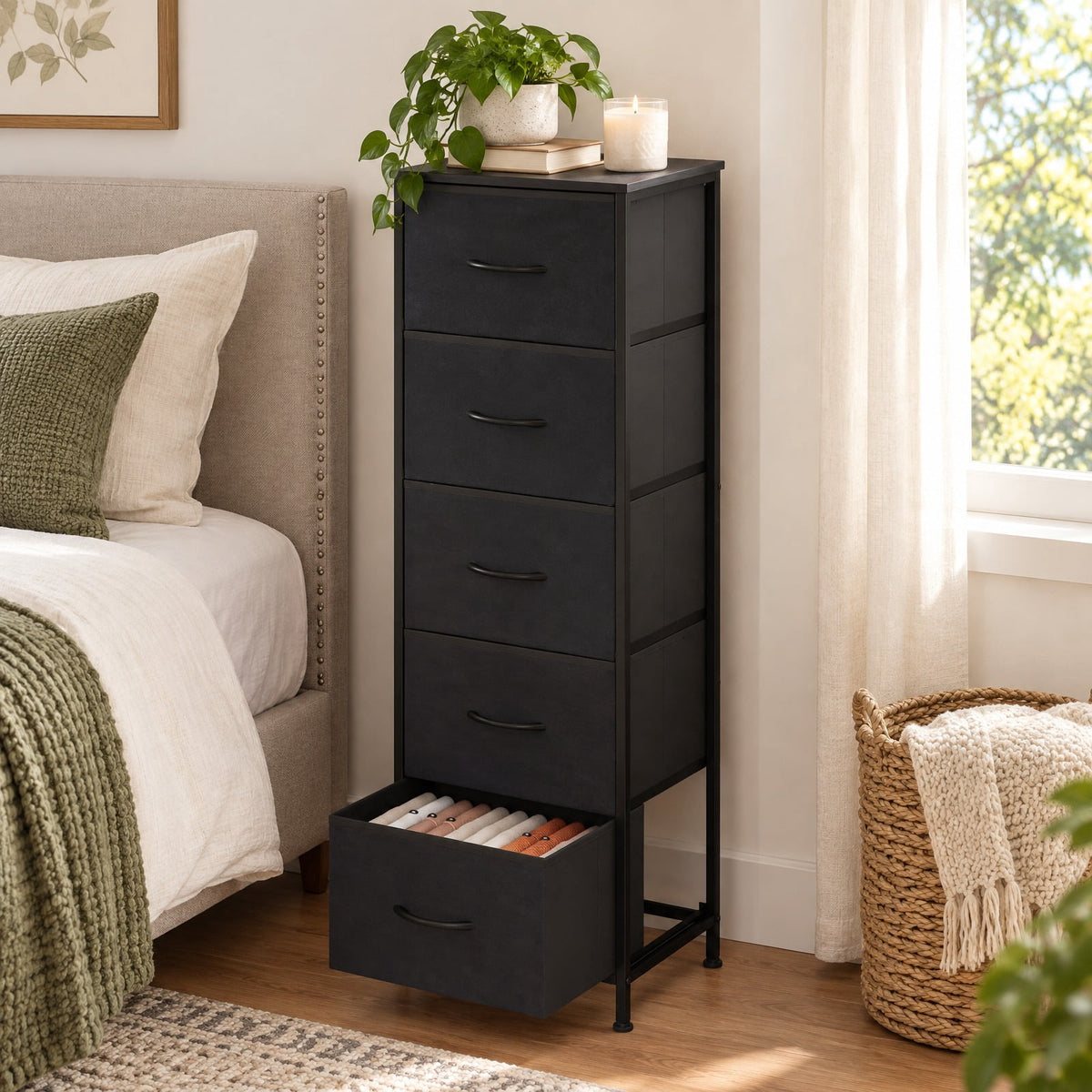 Airfind Dresser Nightstand with 5 Roomy Fabric Drawers for Bedroom, 130 lbs Capacity, Metal Engineered Wood Non-Woven Fabric Frame, Black