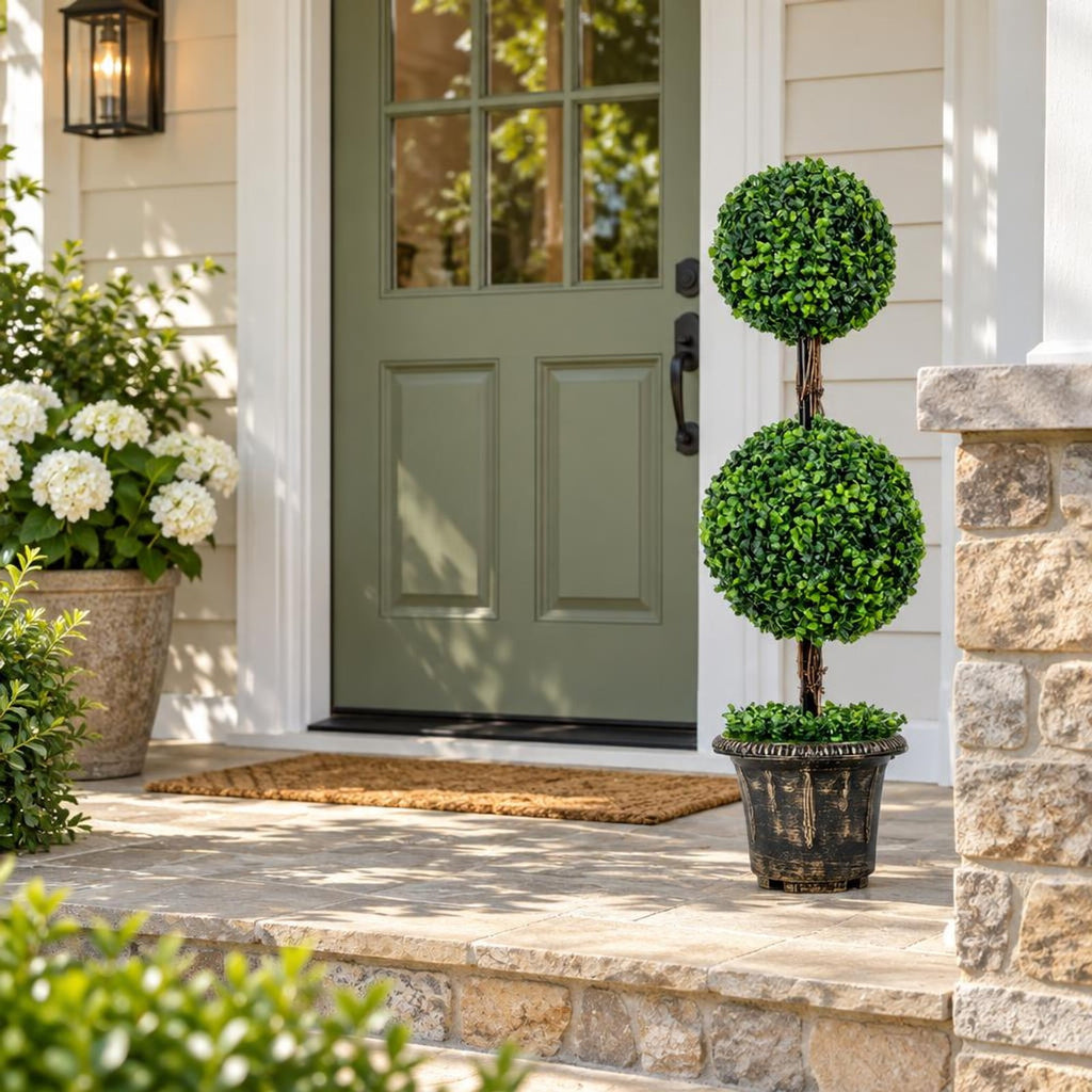 Airfind 36 Inch Artificial Double Ball Tree Indoor and Outdoor UV Protection, PE wood rattan iron tube cement Frame, Green