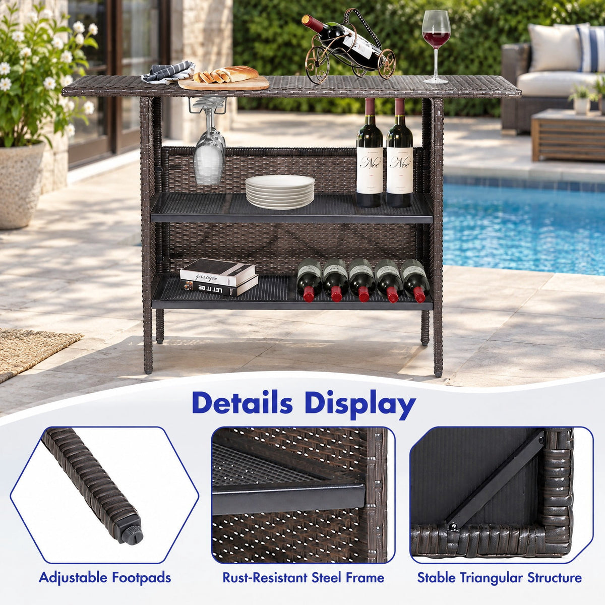 Airfind Outdoor Wicker Bar Table with 2 Metal Mesh Shelves, PE rattan steel Frame, 55 x 18.5 x 36 Footprint, Mix brown