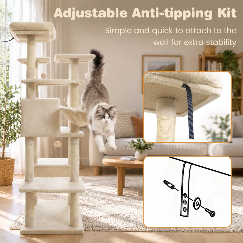 Airfind Large Cat Tree for Indoor Cats 63 Inch Tall Cat Tower, Plush Fabric Sisal Engineered Wood Base Frame, Beige