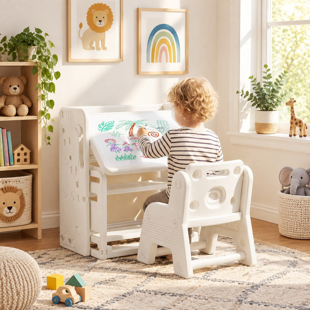 Airfind Kids Writing Desk and Chair Set with Side Bookshelves, 44 lbs Capacity, HDPE Frame, 53 Inch x 20 Inch x 27 Inch Footprint, White
