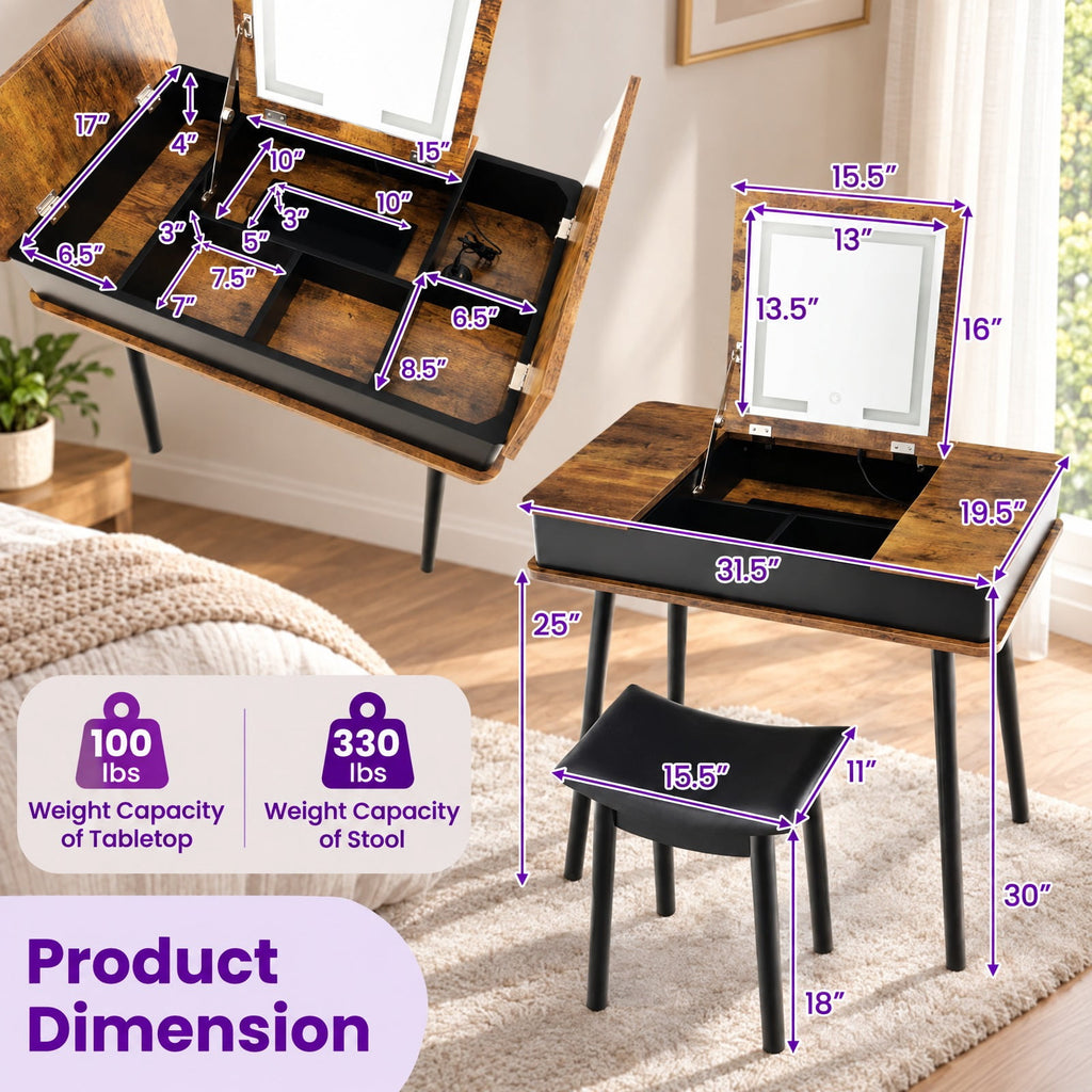 Airfind Vanity Table Set with Flip Top Mirror Lights USB Writing Desk and Stool, 99 Lbs Capacity, MDF Pine Wood Glass Sponge PU Leather, Brown