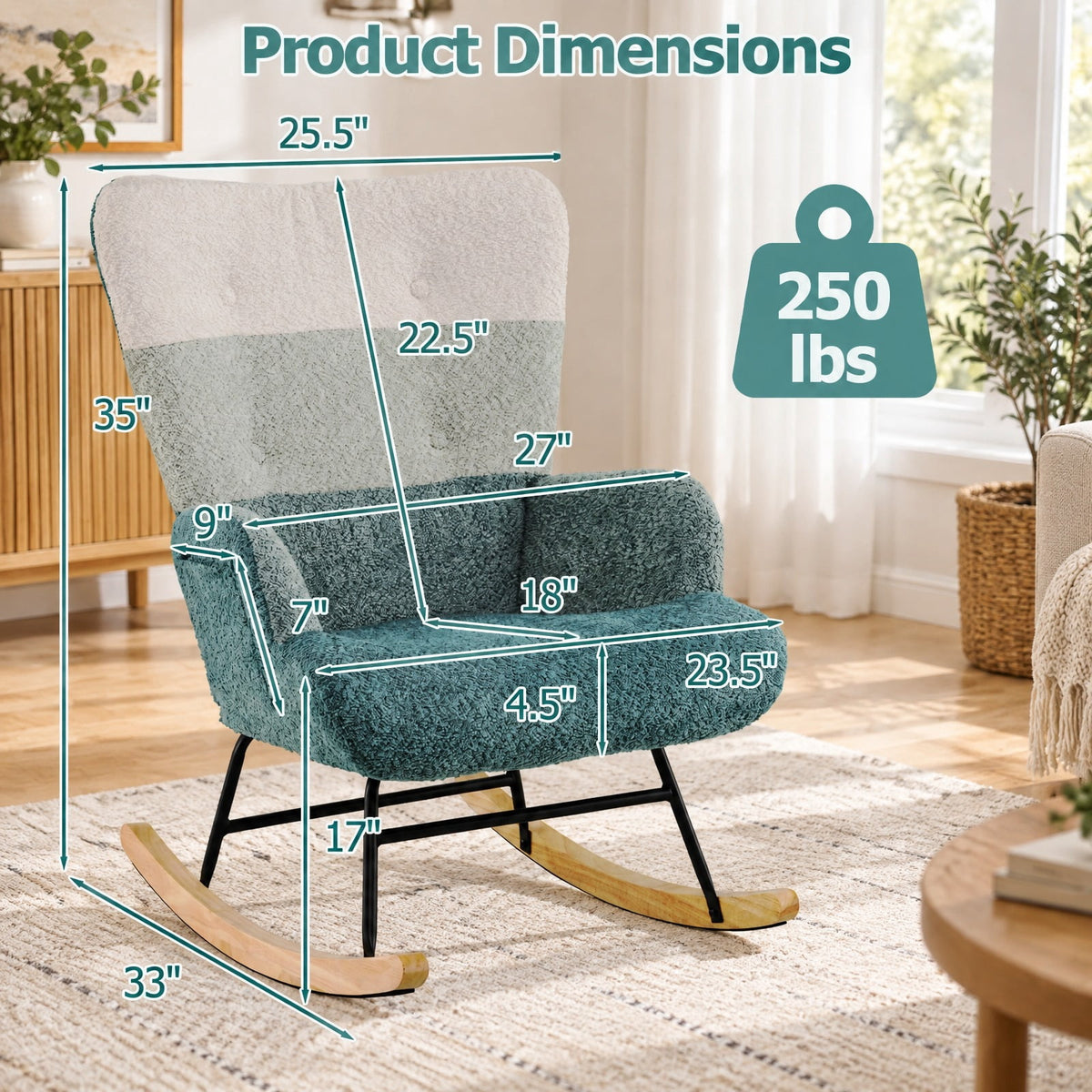 Airfind Nursery Rocking Chair with Ergonomic Armrests and High Backrest, 250 lbs Capacity, Boucle Sponge Metal Plywood Rubber Wood Frame, Colorful