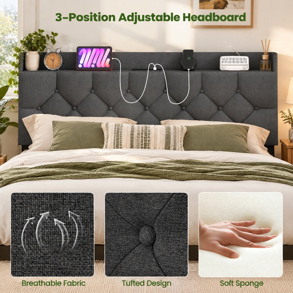 Airfind Full/Queen Size Floating Bed Frame with LED and Headboard and Charging Station, 660 lbs Capacity, 78.5 Inch x 55.5 Inch x 34 Inch Bed Platform Footprint