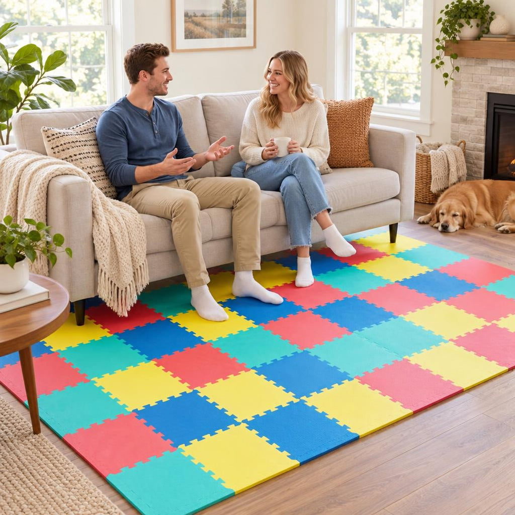 Airfind 54 Pack EVA Foam Floor Tiles with Non-Slip Borders for Home Gym, EVA Foam Frame, 107 x 72 x 0.4 Footprint, Multicolor