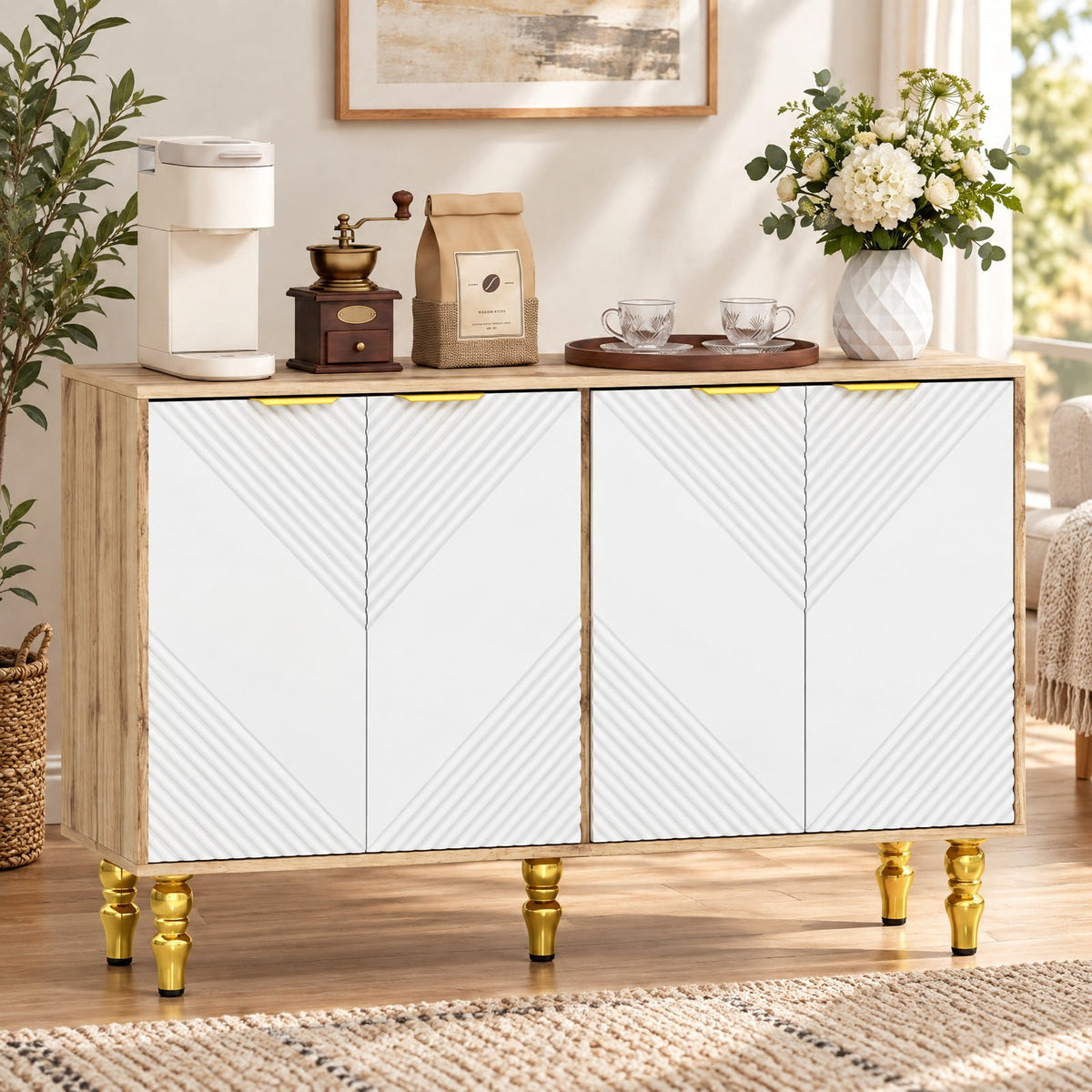 Airfind 47 Sideboard Buffet Cabinet with 4 Chevron Fluted Doors Anti-Toppling Devices for Kitchen, Natural