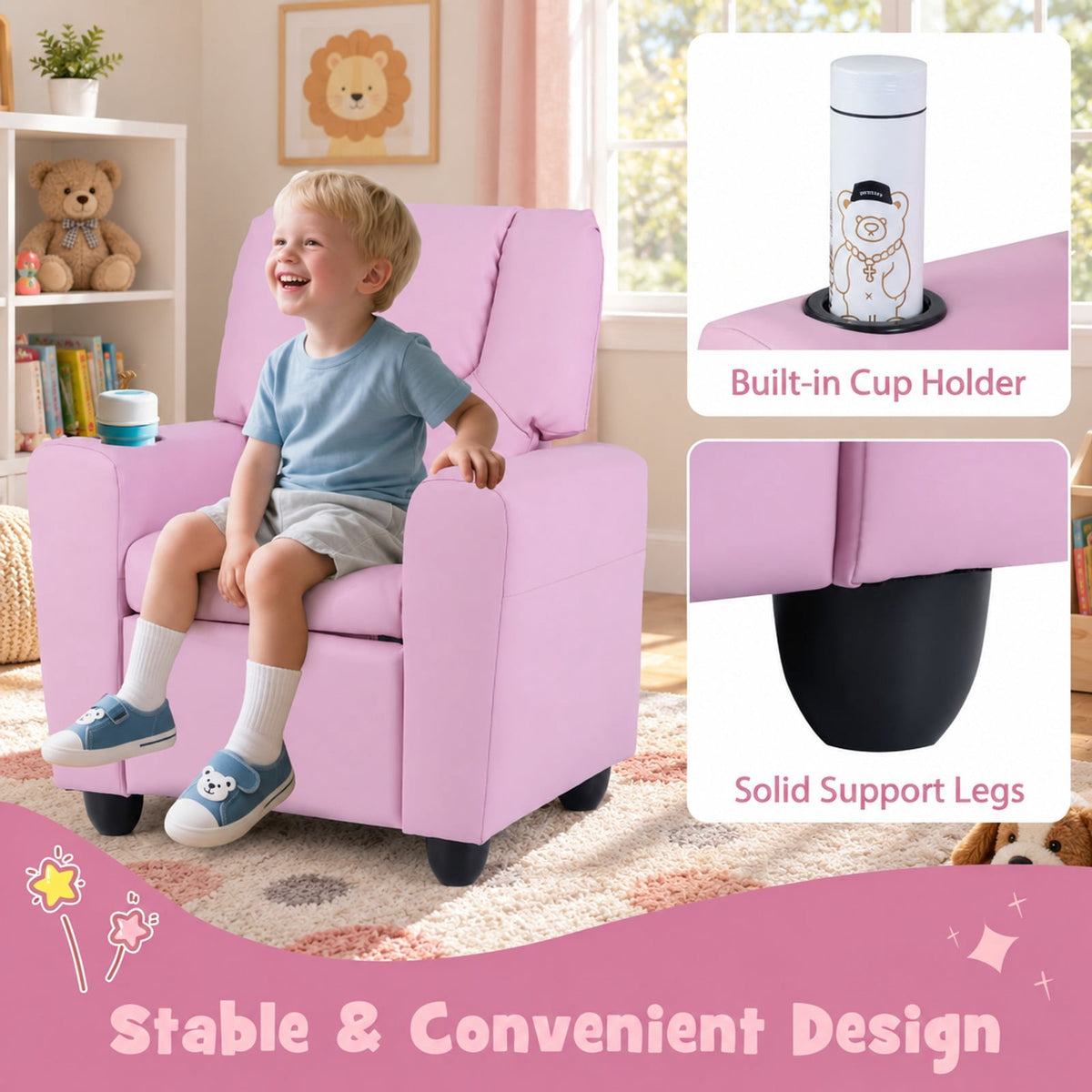 Airfind Kids Recliner Chair Push Back Toddler Reclining Armchair with Cup Holder, 150 lbs Capacity, Wood Frame, for 3+ years old, PInk