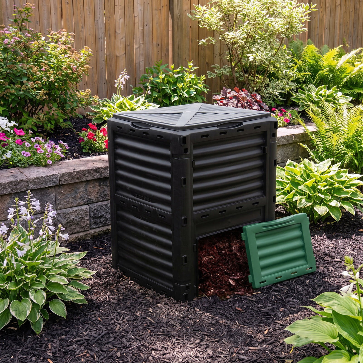 Airfind 80-Gallon Outdoor Composter with Large Openable Lid and Bottom Exit Door, PP Frame, 23.5 x 23 x 32 (L x W x H) Inner Footprint, Green