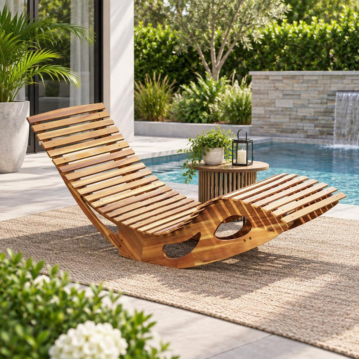 Airfind Acacia Wood Patio Rocking Sun Lounger Chaise Lounge with Ergonomic Curved Seat, 350 lbs Capacity, Acacia Wood Frame, Wood