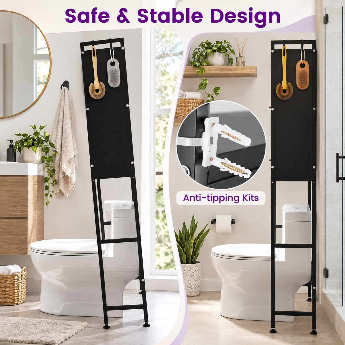 Airfind Over-the-toilet Cabinet Bathroom Organizer with 2 Flip-up Cabinets, 33 Lbs Capacity, Carbon Steel PC Plastic, Black