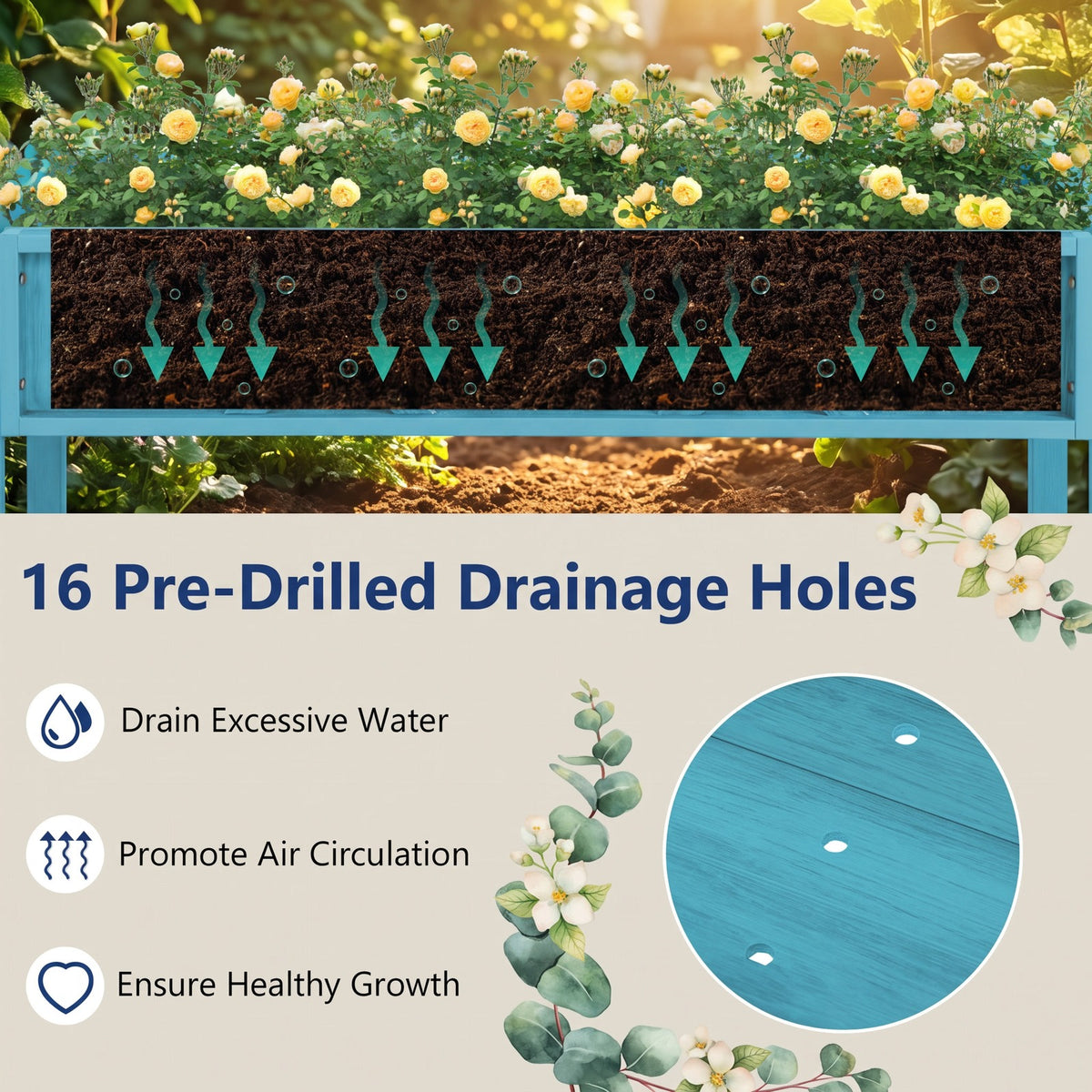Airfind Poly Wood Elevated Planter Box with Legs Storage Shelf Drainage Holes, HIPS Frame, 47 x 18 x 29 (L x W x H) Interior Footprint, Blue