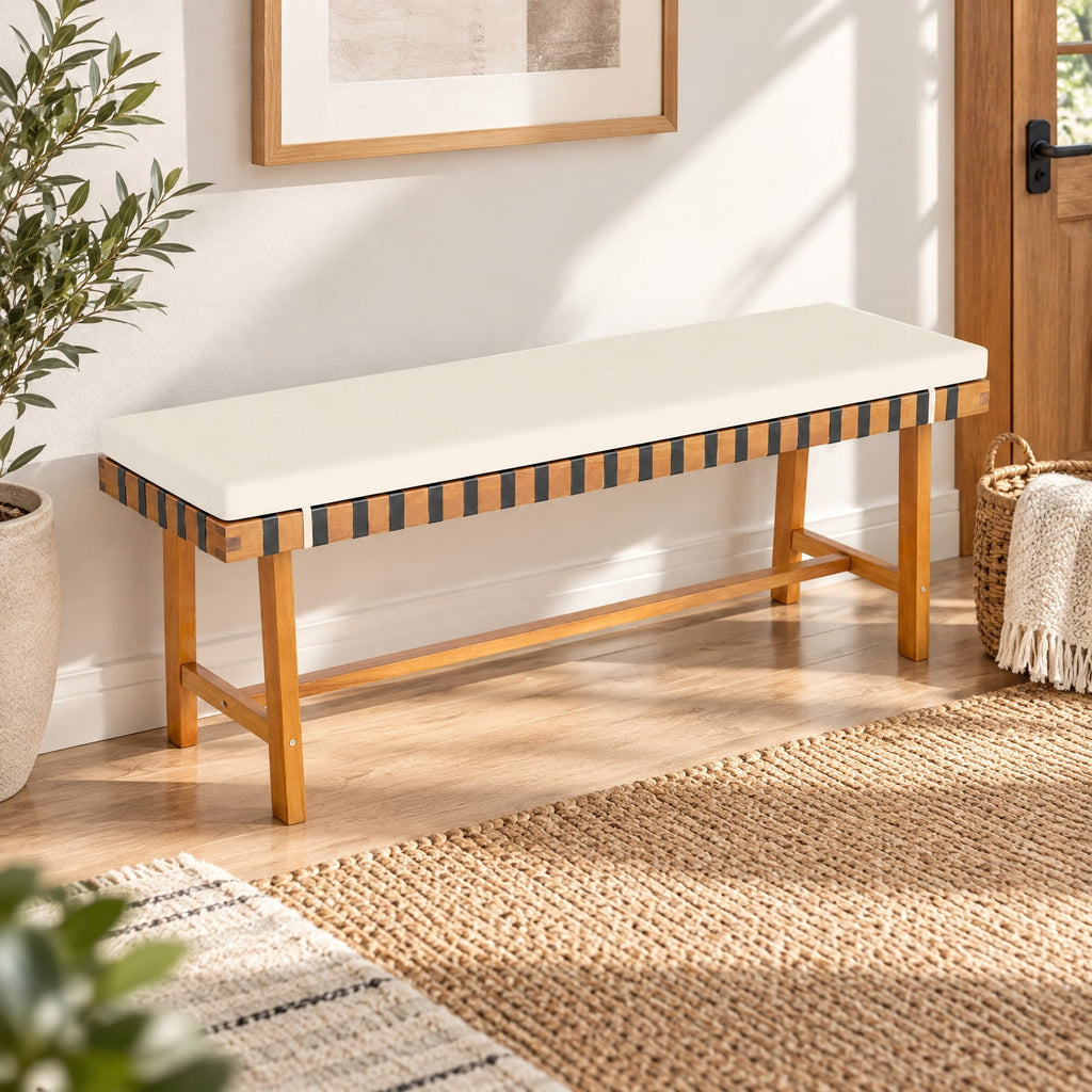 Airfind 48 inch Acacia Wood Outdoor Bench with Thick Padded Seat Cushion, 800 lbs Capacity, Acacia Wood Weaving Ropes Polyester Fabric Sponge Frame