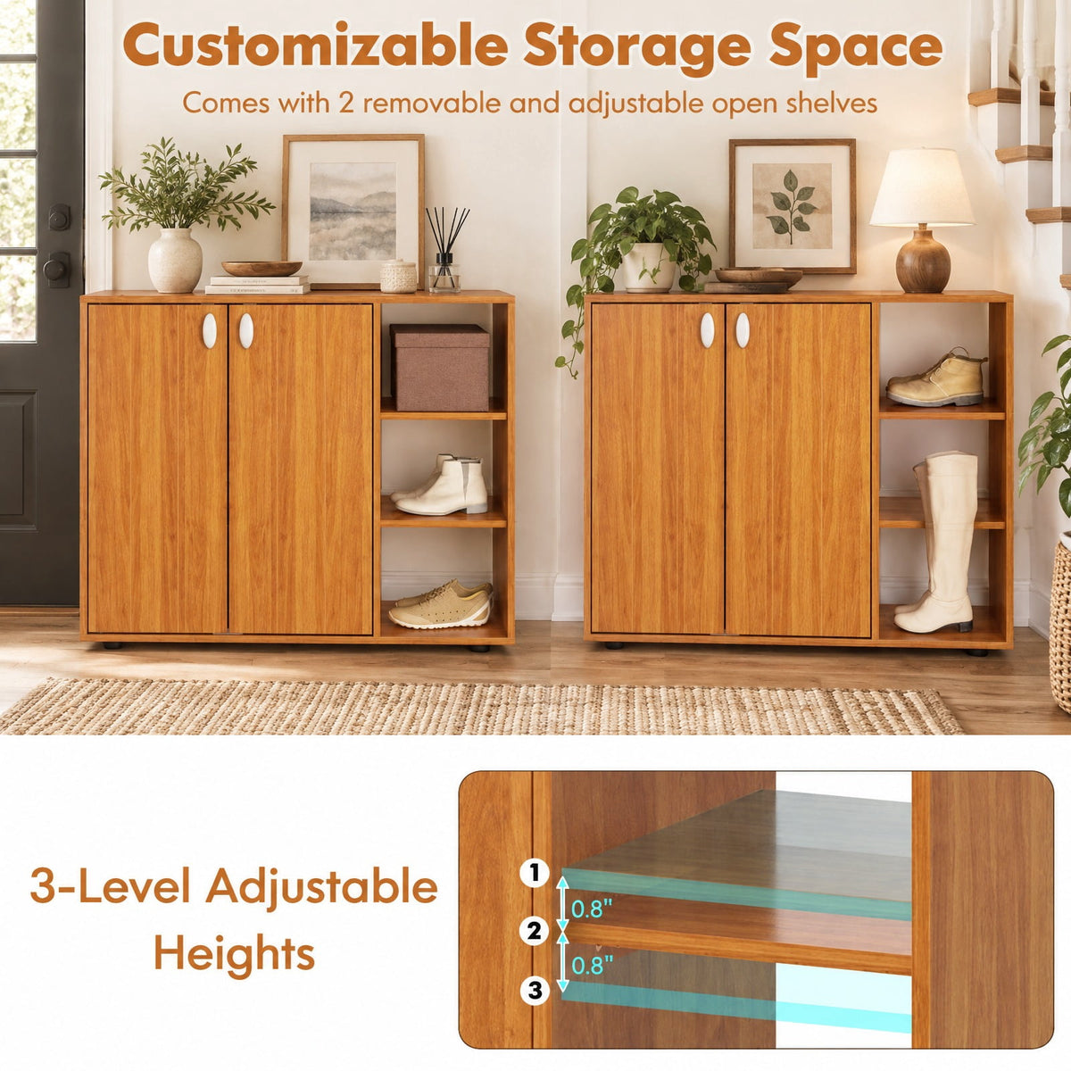 Airfind 3-Tier Shoe Cabinet with Doors with Adjustable Open Shelves for Entryway, 90 lbs Capacity, MDF Engineered Wood Frame, Natural