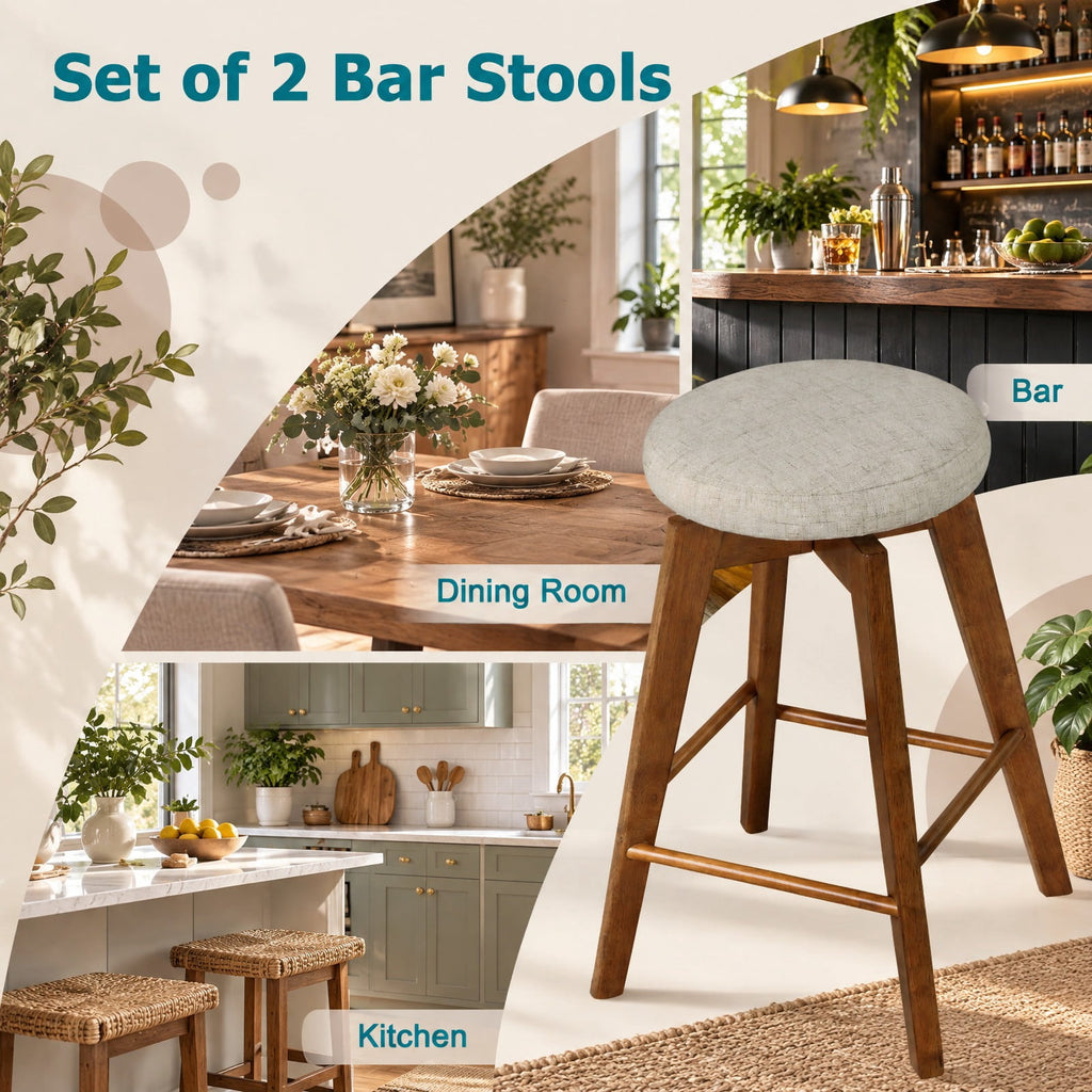 Airfind 2 Pieces 26 Inch Backless Swivel Barstools with Linen Fabric Seat, 330 lbs Capacity, Linen Fabric Sponge Rubber Wood Metal Frame, Beige