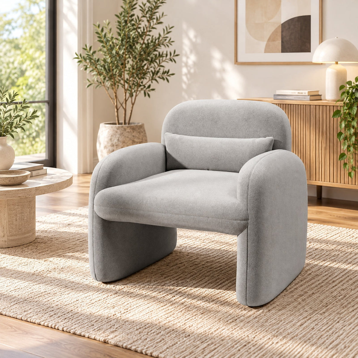Airfind Modern Accent Chair with Waist Pillow and Armrests for Living Room Bedroom, 440 lbs Capacity, Sherpa Fabric Sponge Wooden Frame, Grey