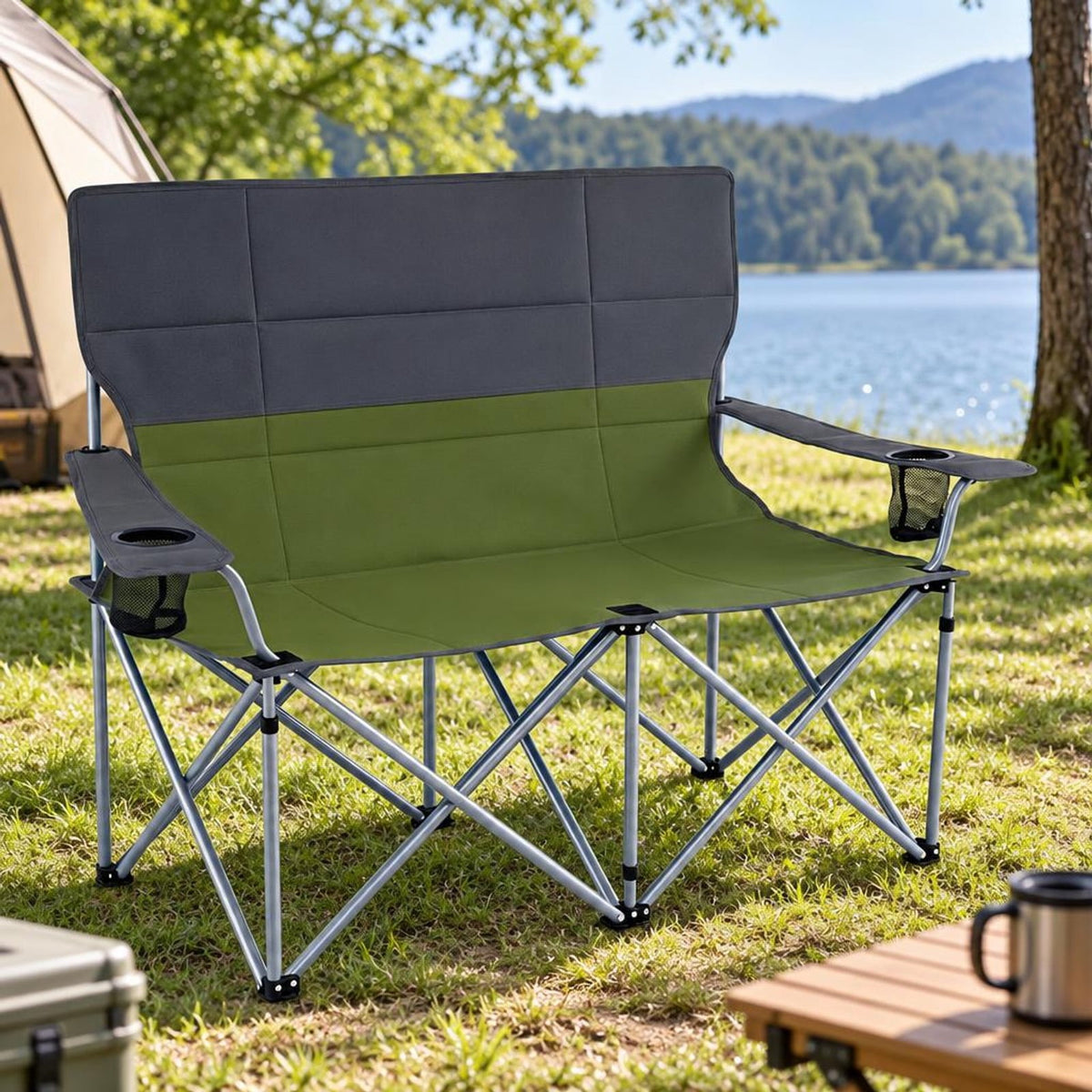 Airfind Double Camping Chair with Carry Bag Cup Holders, 660 lbs Capacity, Metal Oxford Fabric Sponge, 40 Inch x 20.5 Inch x 36.5 Inch , Green