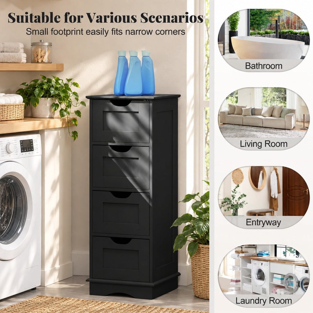 Airfind Bathroom Storage Cabinet featuring Cutout Handles and 4 Drawers, 33 lbs Capacity, MDF Frame, 12 Inch x 12 Inch x 32 Inch Footprint, Black