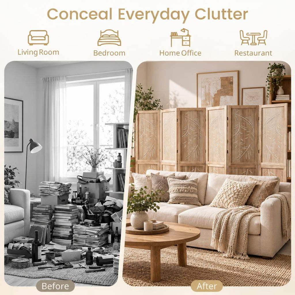 Airfind 6-Panel Wooden Room Divider with Palm Leaf Design and Paulownia Frame for Home, 67in x 16in x 5in Footprint, Natural