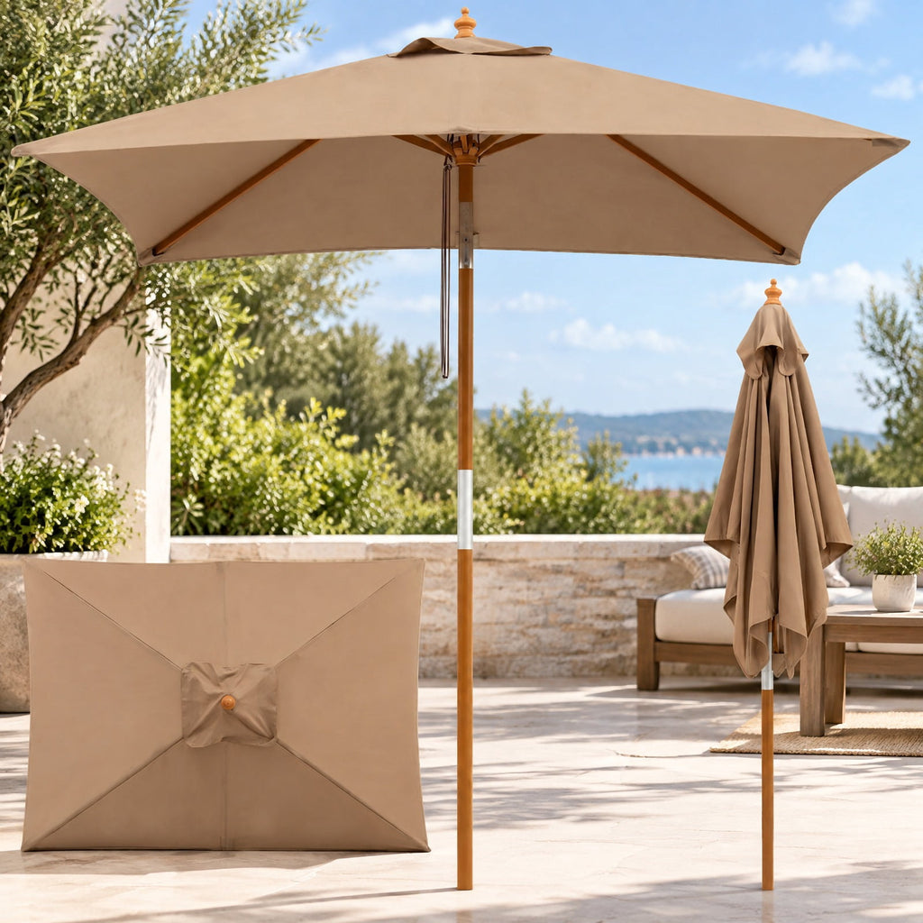 Airfind 7 Feet Outdoor Rectangular Patio Umbrella with 3 Adjustable Heights, Fabric Hardwood Bamboo Frame, 7 x 5.5 x 7.7 ft Umbrella Footprint